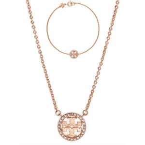 TORY BURCH ROSE GOLD PAVE CHAINLINK NECKLACE AND BRACELET SET
